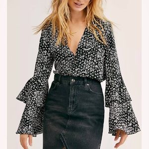 Free People Ditsy Black and White Floral Bodysuit